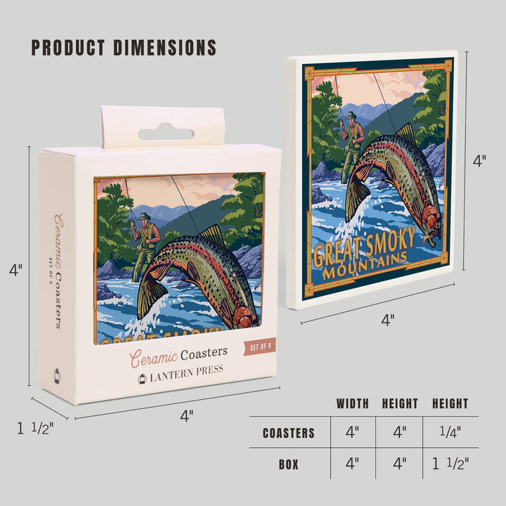 Great Smoky Mountains National Park, Tennessee, Painterly, Angler Fly Fishing Scene, Coasters Coasters Lantern Press