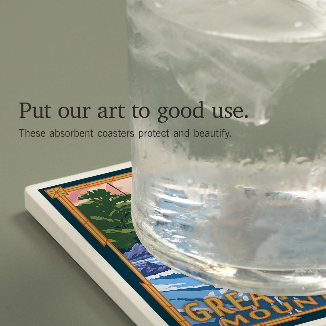 Great Smoky Mountains National Park, Tennessee, Painterly, Angler Fly Fishing Scene, Coasters Coasters Lantern Press