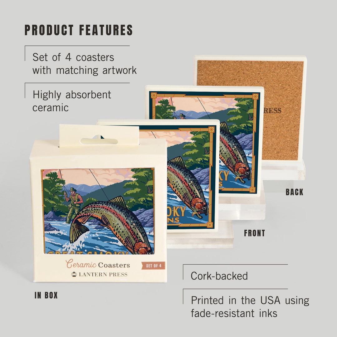 Great Smoky Mountains National Park, Tennessee, Painterly, Angler Fly Fishing Scene, Coasters Coasters Lantern Press