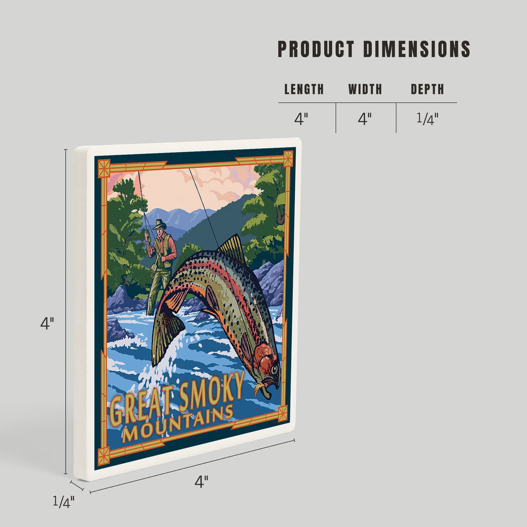 Great Smoky Mountains National Park, Tennessee, Painterly, Angler Fly Fishing Scene, Coasters Coasters Lantern Press