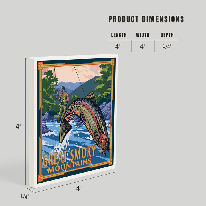 Great Smoky Mountains National Park, Tennessee, Painterly, Angler Fly Fishing Scene, Coasters Coasters Lantern Press
