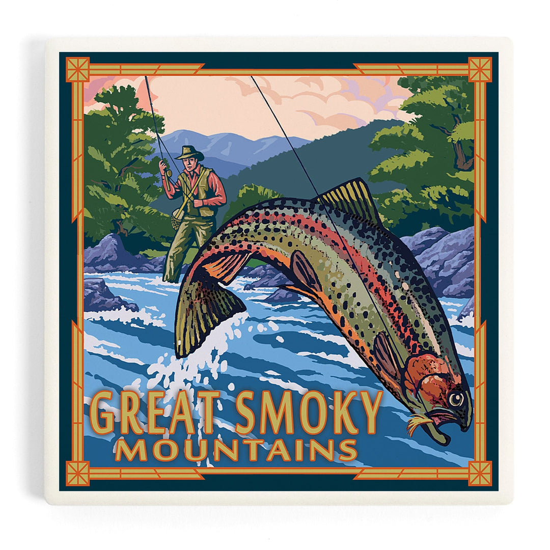 Great Smoky Mountains National Park, Tennessee, Painterly, Angler Fly Fishing Scene, Coasters Coasters Lantern Press