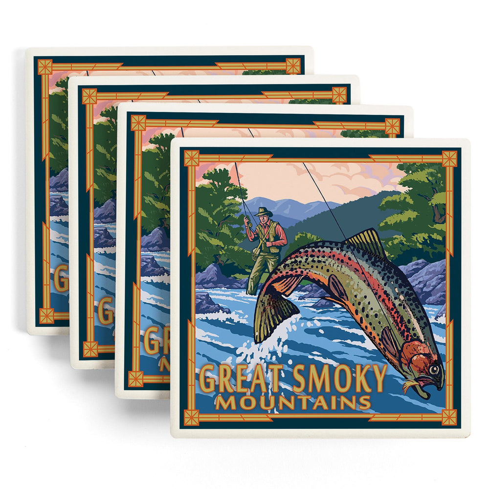 Great Smoky Mountains National Park, Tennessee, Painterly, Angler Fly Fishing Scene, Coasters Coasters Lantern Press