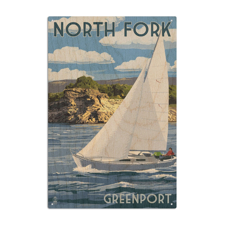 Greenport, New York, Sloop Sailboat & Lake, Lantern Press Artwork, Wood Signs and Postcards - Lantern Press