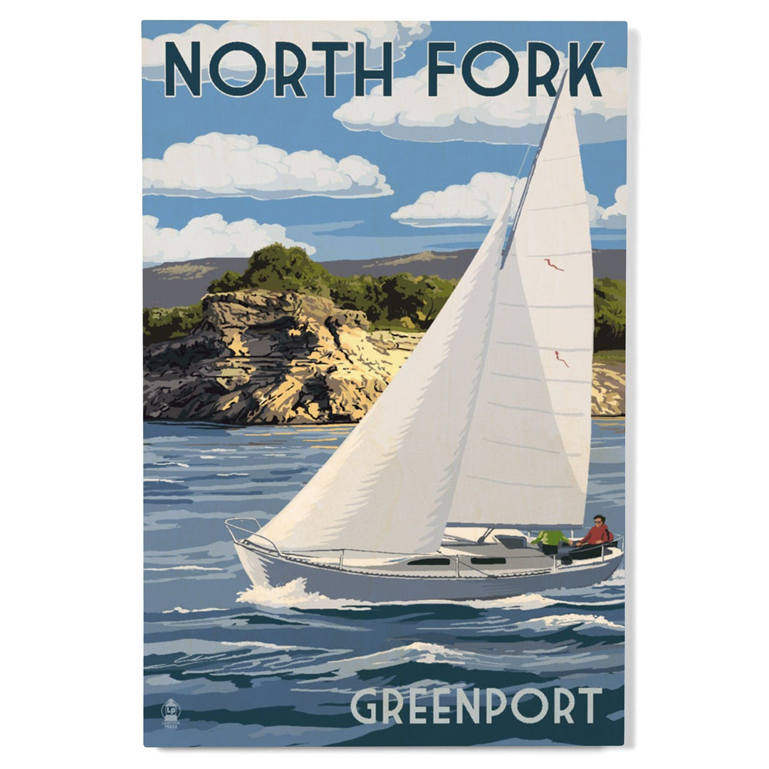 Greenport, New York, Sloop Sailboat & Lake, Lantern Press Artwork, Wood Signs and Postcards - Lantern Press
