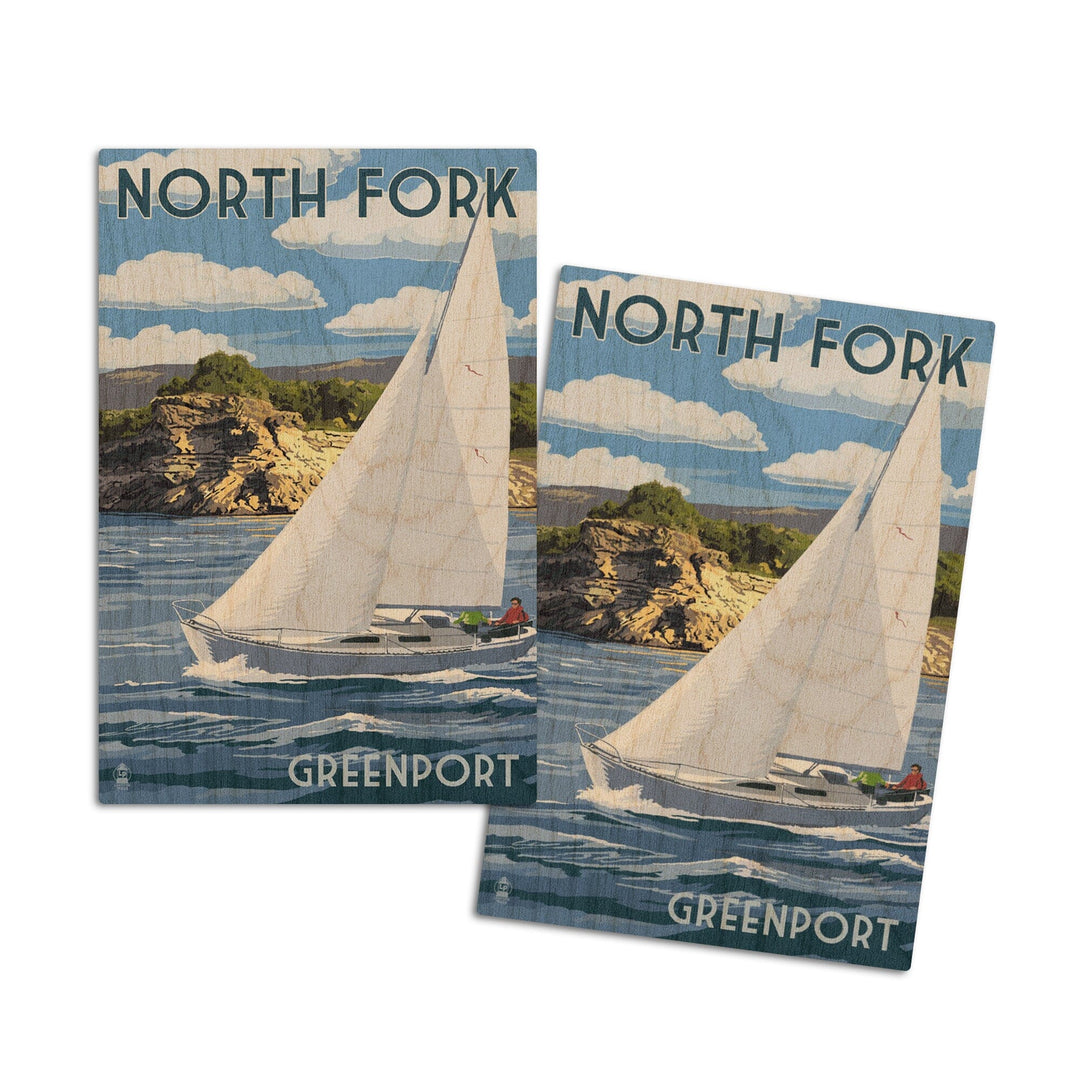 Greenport, New York, Sloop Sailboat & Lake, Lantern Press Artwork, Wood Signs and Postcards - Lantern Press