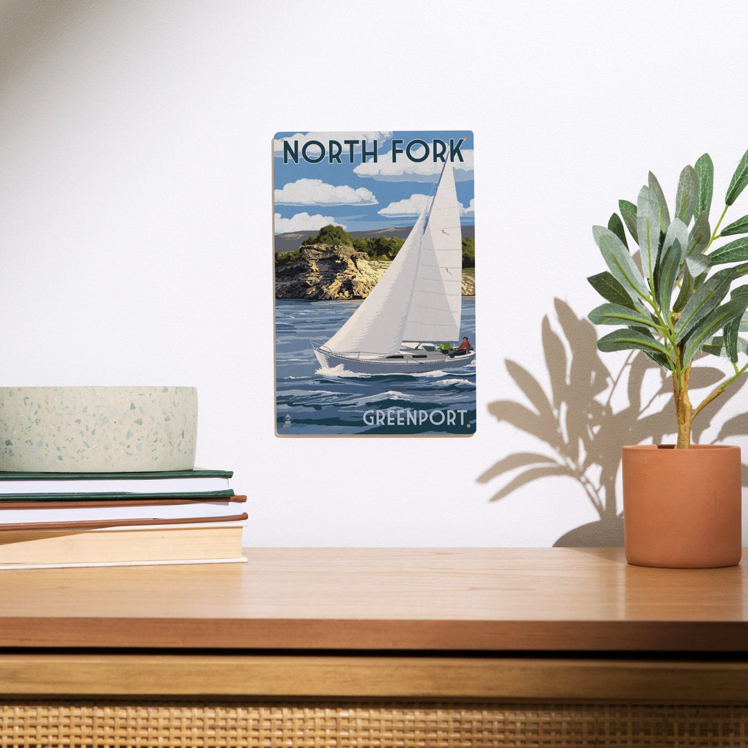 Greenport, New York, Sloop Sailboat & Lake, Lantern Press Artwork, Wood Signs and Postcards - Lantern Press