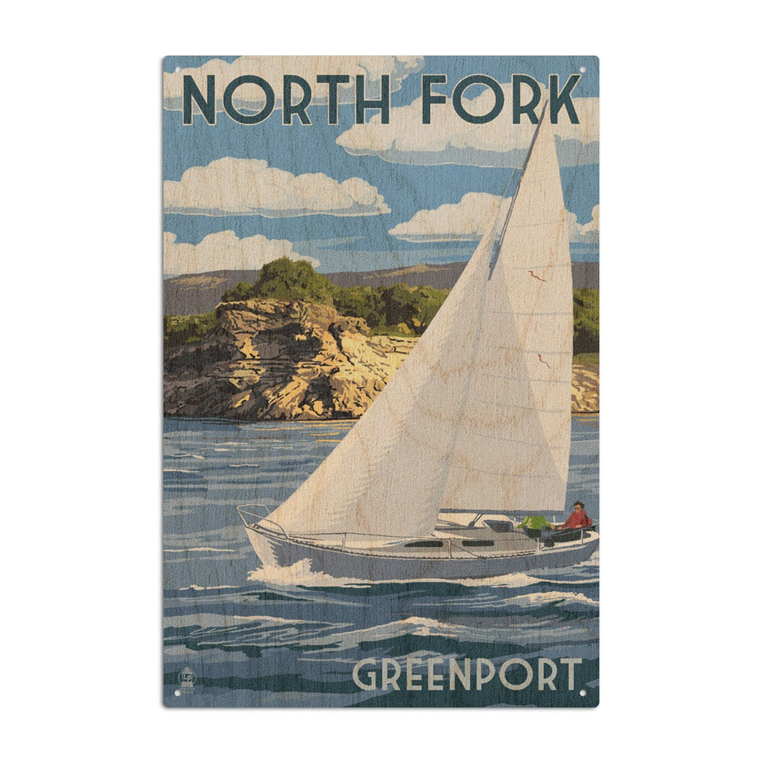 Greenport, New York, Sloop Sailboat & Lake, Lantern Press Artwork, Wood Signs and Postcards - Lantern Press