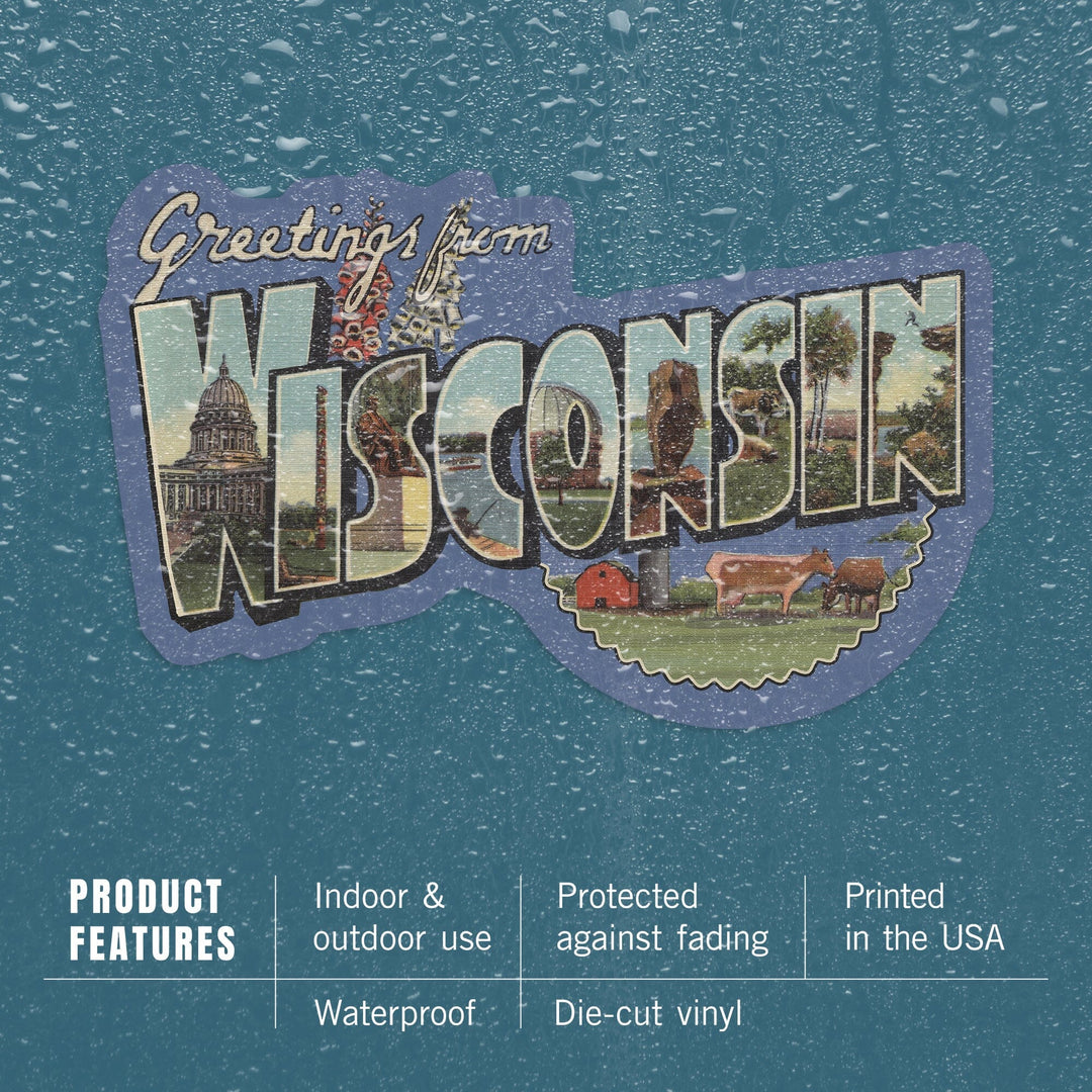 Greetings from Wisconsin, Vintage Halftone, Contour, Vintage Halftone, Vinyl Sticker Sticker Lantern Press