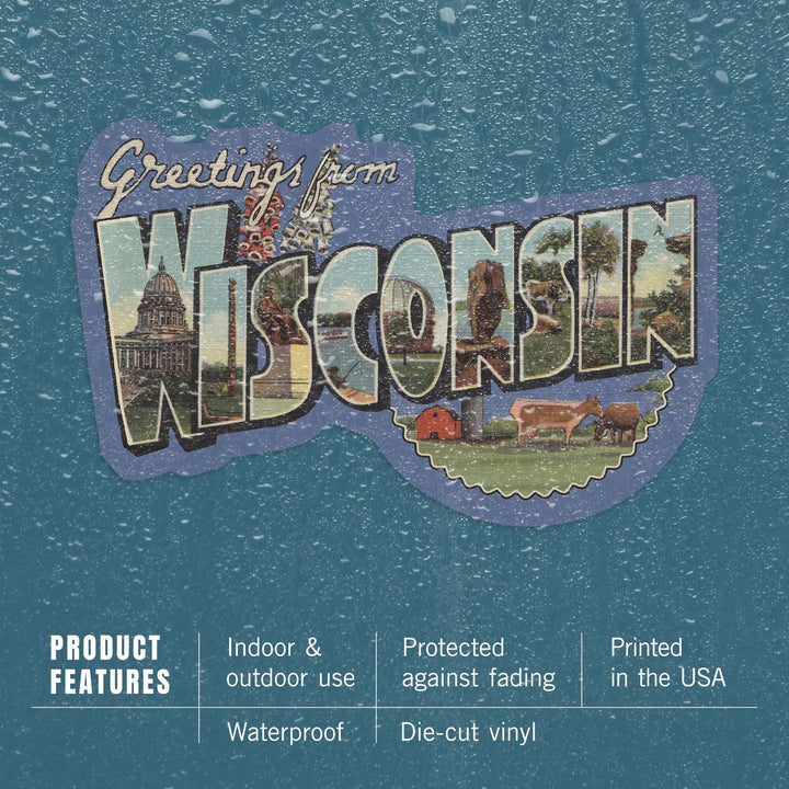 Greetings from Wisconsin, Vintage Halftone, Contour, Vintage Halftone, Vinyl Sticker Sticker Lantern Press