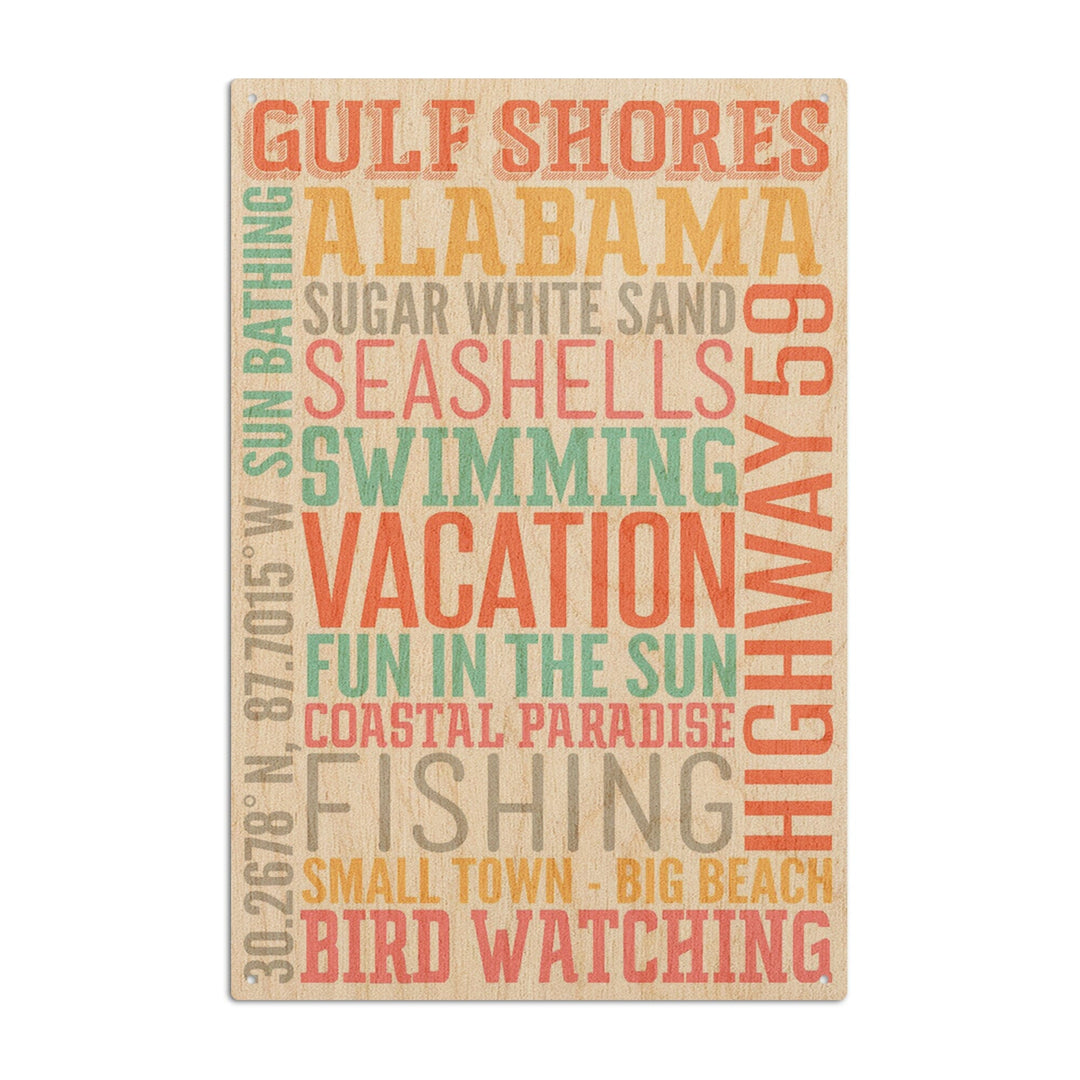 Gulf Shores, Alabama, Typography, Lantern Press Artwork, Wood Signs and Postcards - Lantern Press