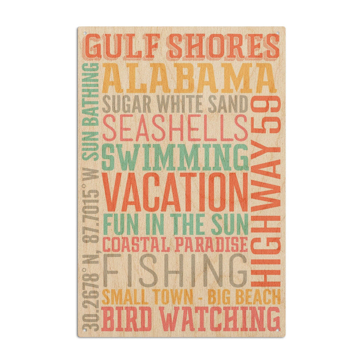 Gulf Shores, Alabama, Typography, Lantern Press Artwork, Wood Signs and Postcards - Lantern Press