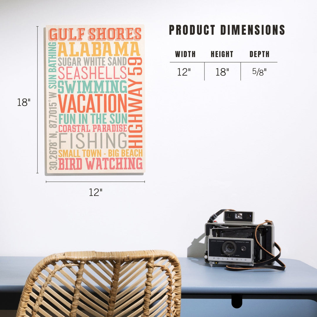 Gulf Shores, Alabama, Typography, Lantern Press Artwork, Wood Signs and Postcards - Lantern Press