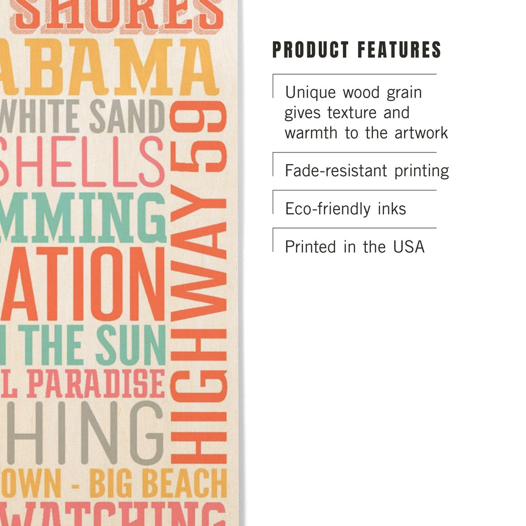 Gulf Shores, Alabama, Typography, Lantern Press Artwork, Wood Signs and Postcards - Lantern Press