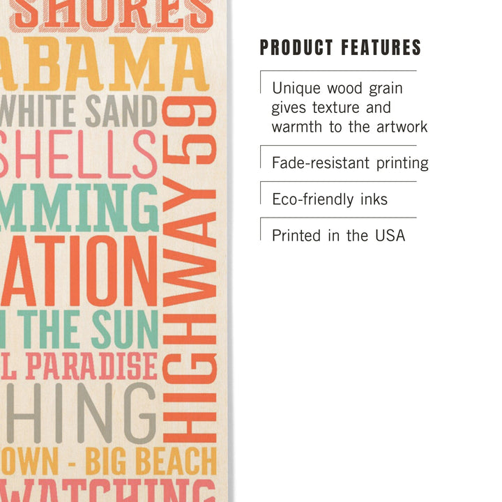 Gulf Shores, Alabama, Typography, Lantern Press Artwork, Wood Signs and Postcards - Lantern Press
