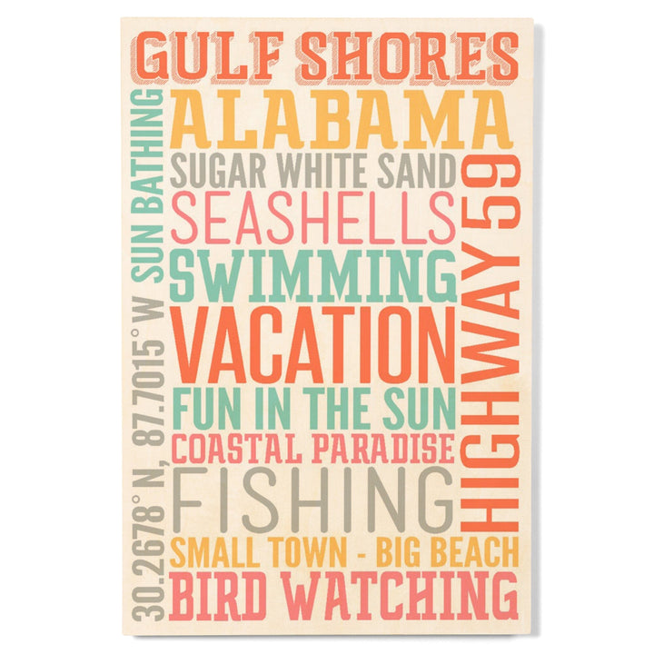 Gulf Shores, Alabama, Typography, Lantern Press Artwork, Wood Signs and Postcards - Lantern Press