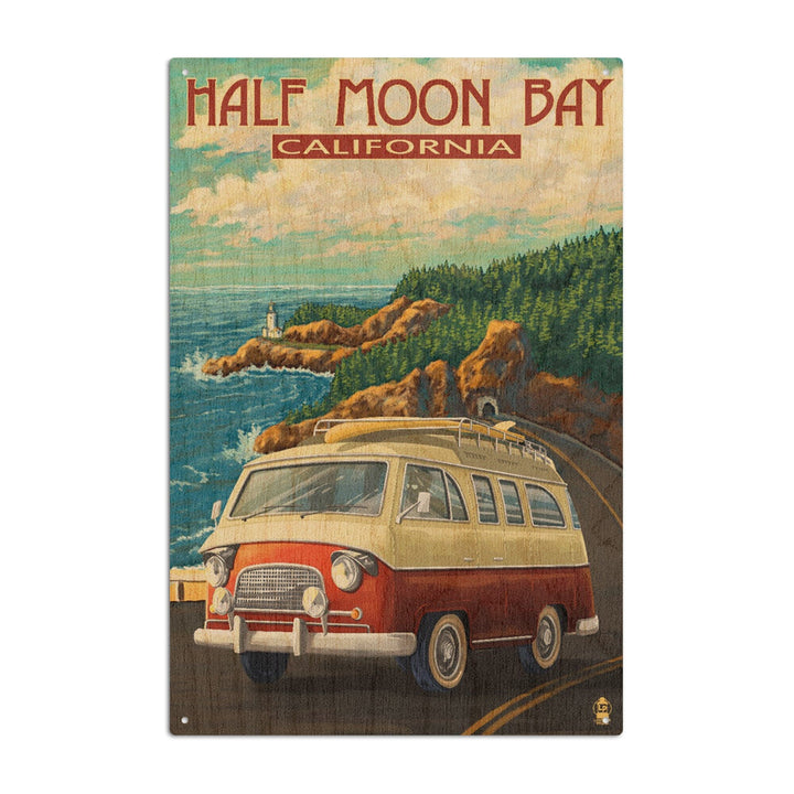 Half Moon Bay, California, Camper Van, Lantern Press Artwork, Wood Signs and Postcards - Lantern Press