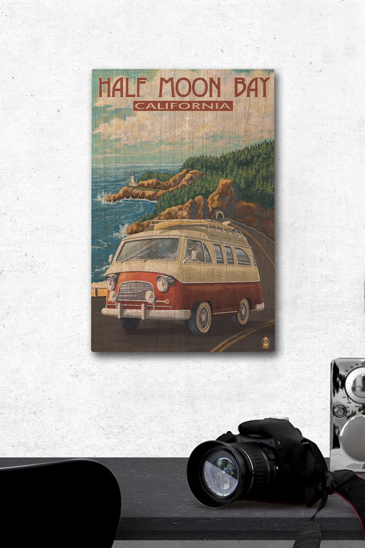 Half Moon Bay, California, Camper Van, Lantern Press Artwork, Wood Signs and Postcards - Lantern Press