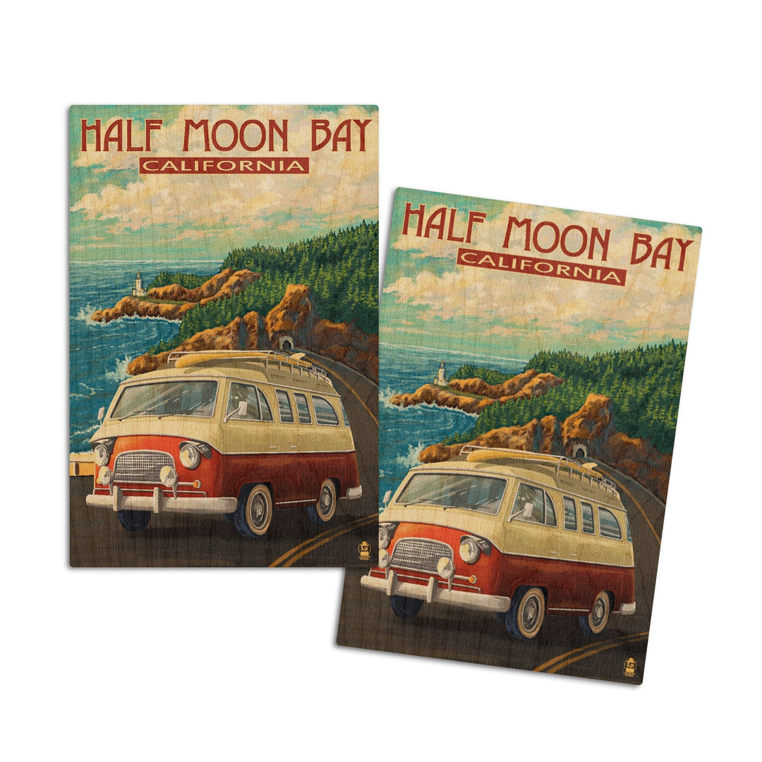 Half Moon Bay, California, Camper Van, Lantern Press Artwork, Wood Signs and Postcards - Lantern Press