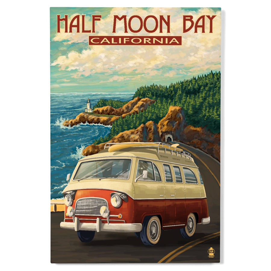 Half Moon Bay, California, Camper Van, Lantern Press Artwork, Wood Signs and Postcards - Lantern Press