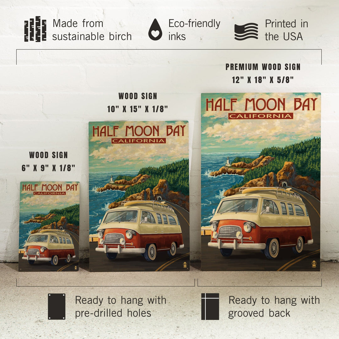 Half Moon Bay, California, Camper Van, Lantern Press Artwork, Wood Signs and Postcards - Lantern Press