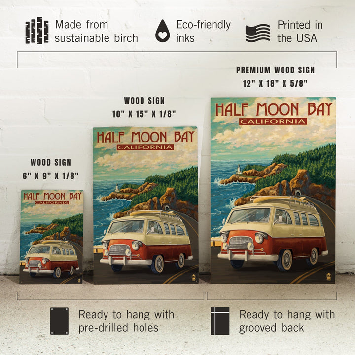 Half Moon Bay, California, Camper Van, Lantern Press Artwork, Wood Signs and Postcards - Lantern Press