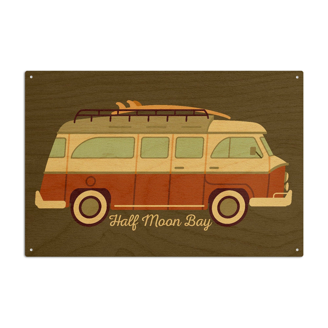 Half Moon Bay, California, Camper Van with Surfboard, Geometric, Lantern Press Artwork, Wood Signs and Postcards - Lantern Press