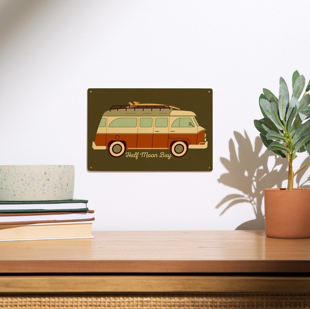 Half Moon Bay, California, Camper Van with Surfboard, Geometric, Lantern Press Artwork, Wood Signs and Postcards - Lantern Press