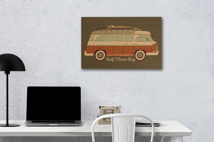 Half Moon Bay, California, Camper Van with Surfboard, Geometric, Lantern Press Artwork, Wood Signs and Postcards - Lantern Press