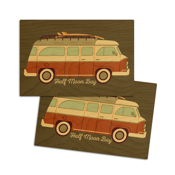 Half Moon Bay, California, Camper Van with Surfboard, Geometric, Lantern Press Artwork, Wood Signs and Postcards - Lantern Press