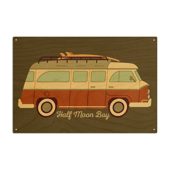 Half Moon Bay, California, Camper Van with Surfboard, Geometric, Lantern Press Artwork, Wood Signs and Postcards - Lantern Press