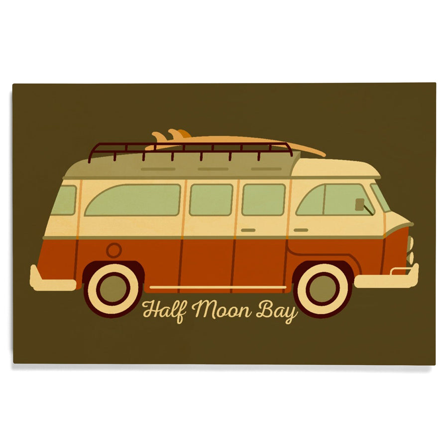 Half Moon Bay, California, Camper Van with Surfboard, Geometric, Lantern Press Artwork, Wood Signs and Postcards - Lantern Press