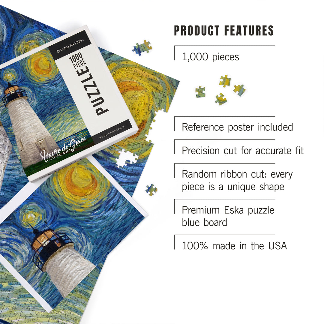 Havre De Grace, Maryland, Lighthouse, Starry Night, Jigsaw Puzzle Puzzle Lantern Press