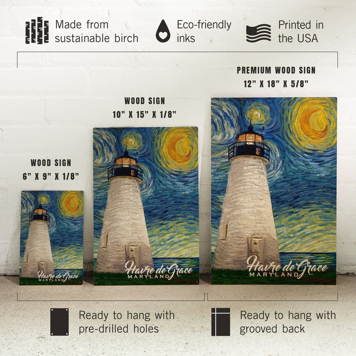 Havre De Grace, Maryland, Lighthouse, Starry Night, Lantern Press Artwork, Wood Signs and Postcards - Lantern Press