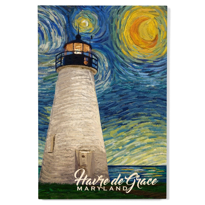 Havre De Grace, Maryland, Lighthouse, Starry Night, Lantern Press Artwork, Wood Signs and Postcards - Lantern Press