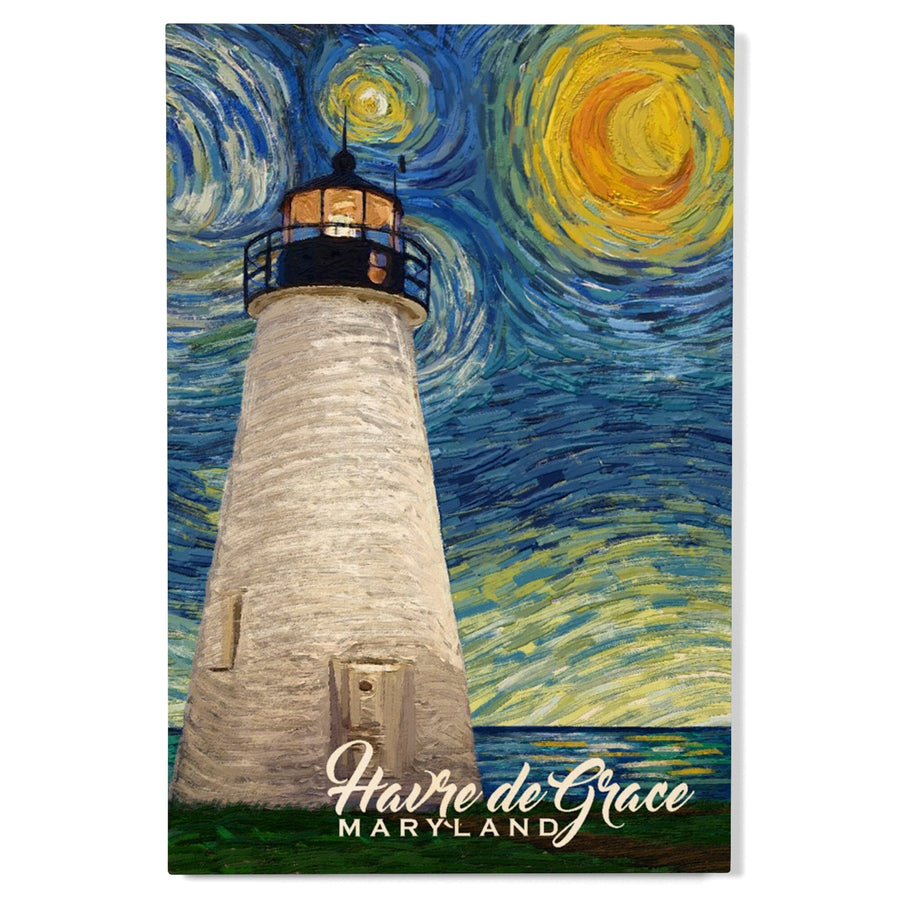 Havre De Grace, Maryland, Lighthouse, Starry Night, Lantern Press Artwork, Wood Signs and Postcards - Lantern Press