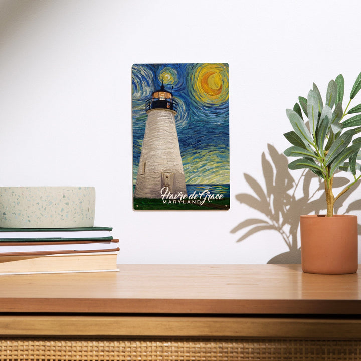 Havre De Grace, Maryland, Lighthouse, Starry Night, Lantern Press Artwork, Wood Signs and Postcards - Lantern Press