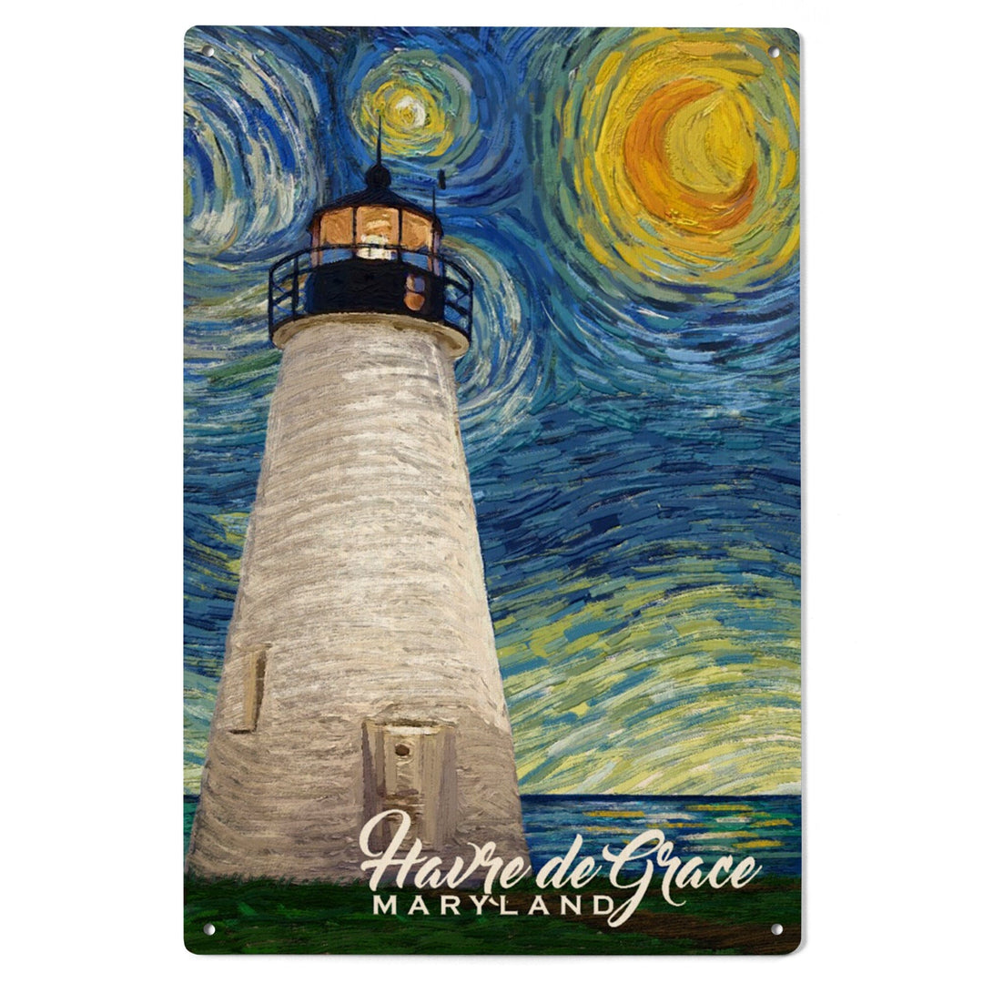Havre De Grace, Maryland, Lighthouse, Starry Night, Lantern Press Artwork, Wood Signs and Postcards - Lantern Press