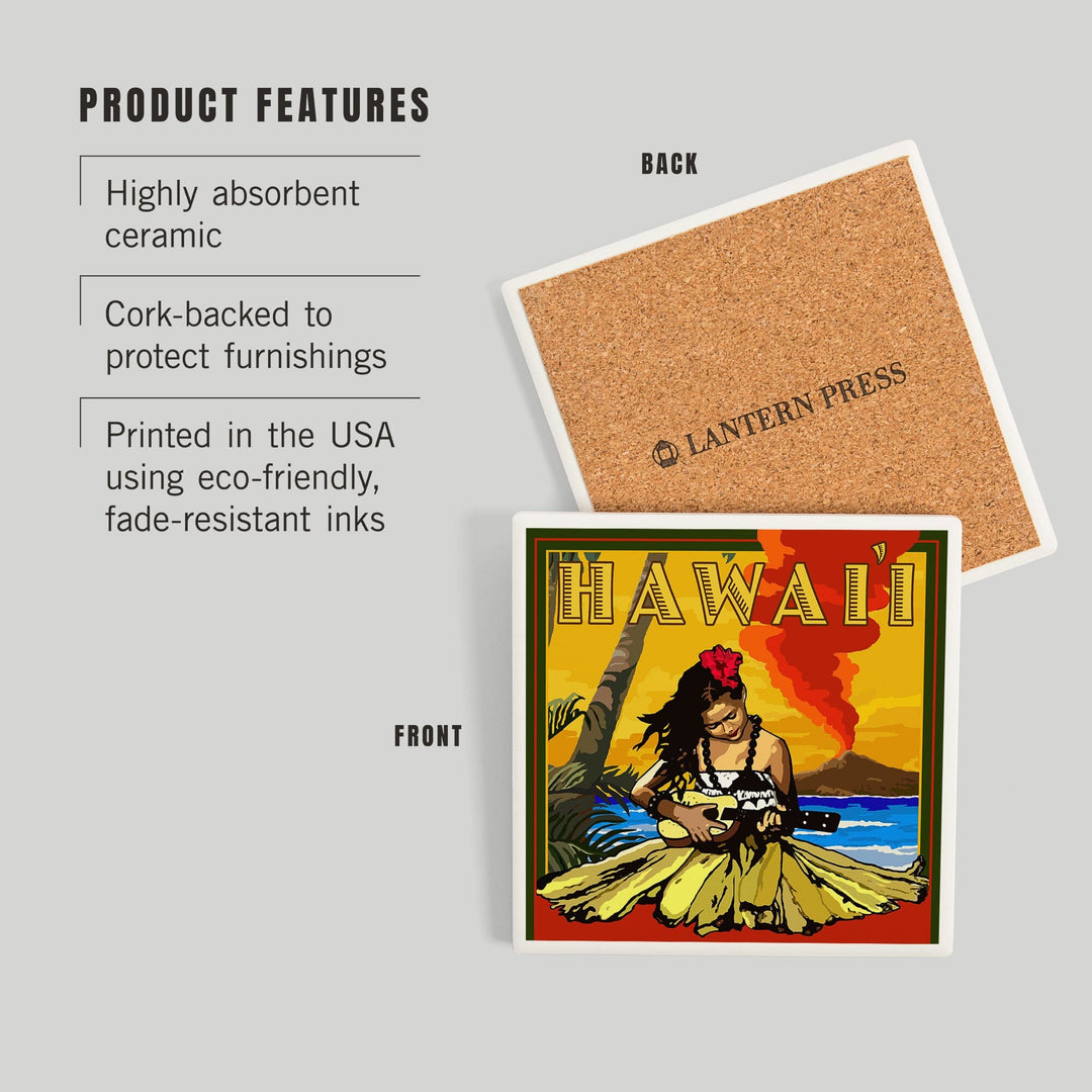 Hawaii, Hula Girl and Ukulele, Coasters Coasters Lantern Press