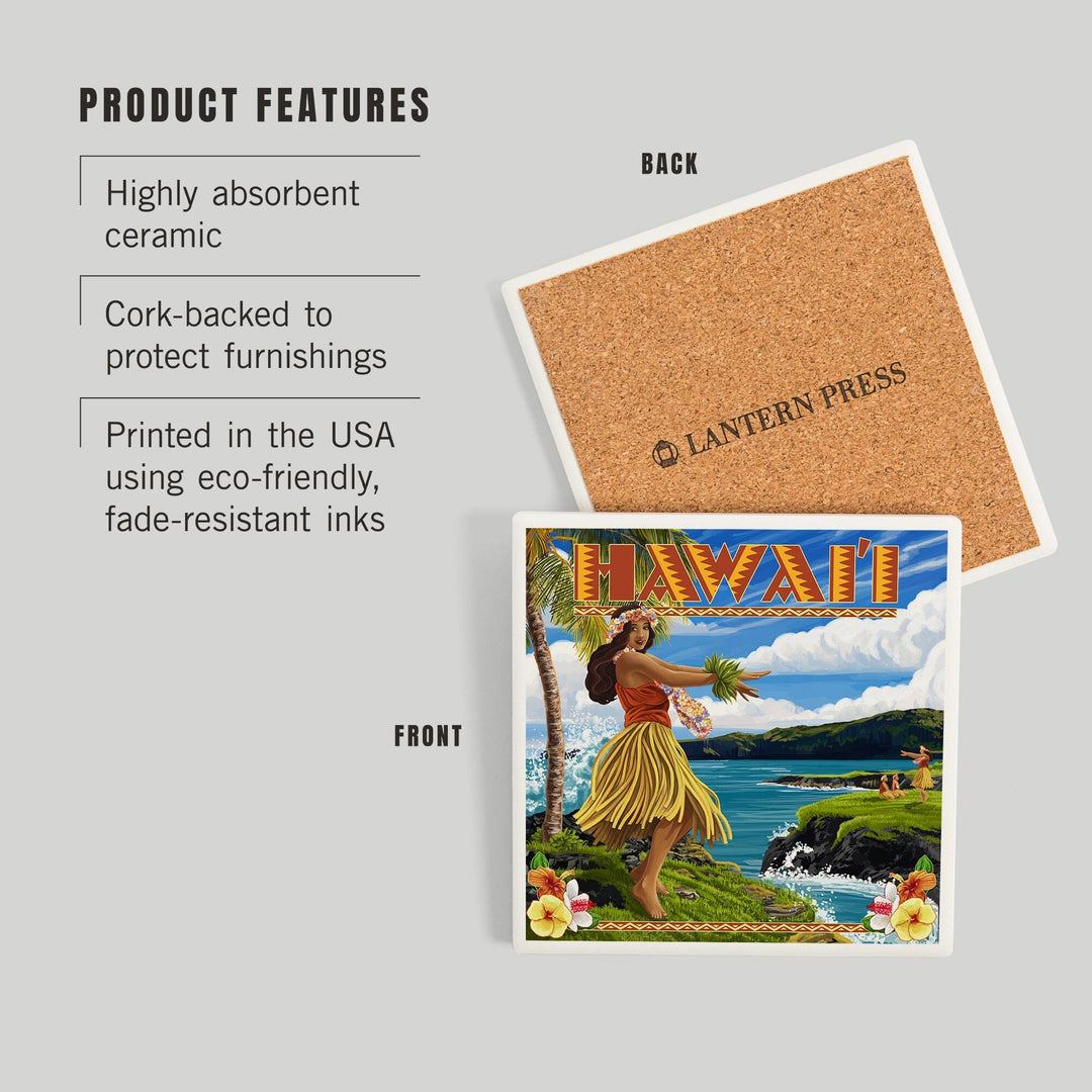 Hawaii, Hula Girl on Coast, Coasters Coasters Lantern Press