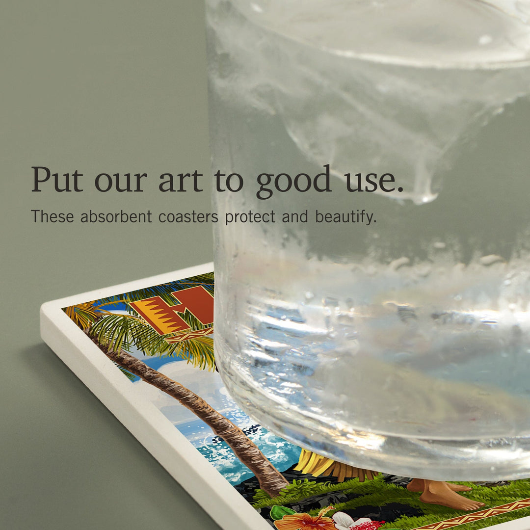 Hawaii, Hula Girl on Coast, Coasters Coasters Lantern Press