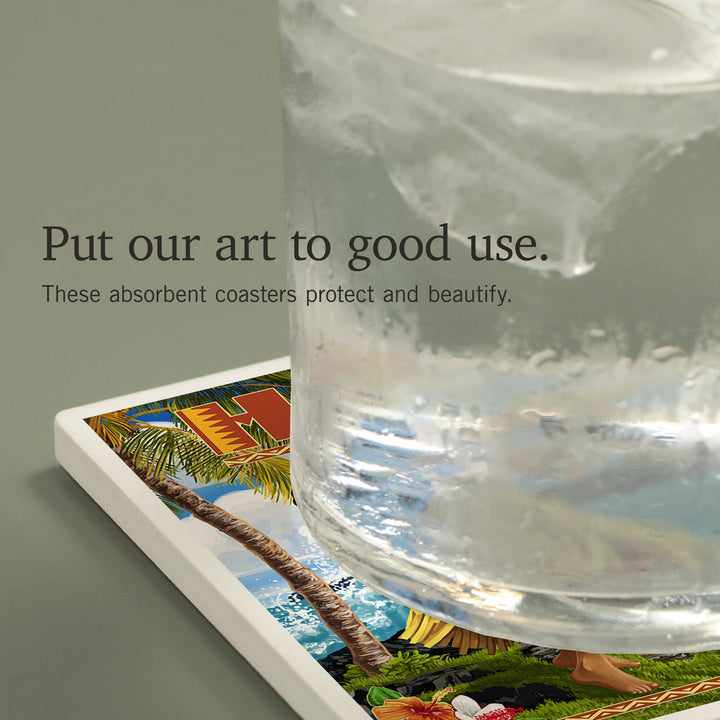 Hawaii, Hula Girl on Coast, Coasters Coasters Lantern Press