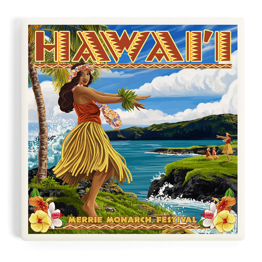 Hawaii, Hula Girl on Coast, Merrie Monarch Festival, Coasters Coasters Lantern Press