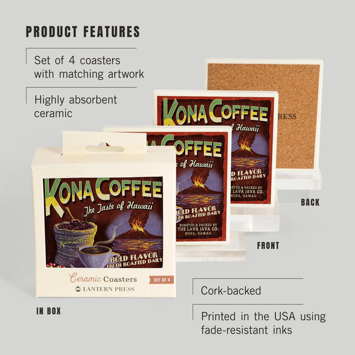 Hawai‘i, Kona Coffee Vintage Sign, Coasters Coasters Lantern Press
