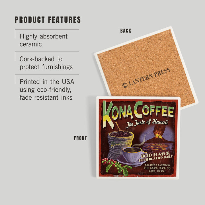 Hawai‘i, Kona Coffee Vintage Sign, Coasters Coasters Lantern Press