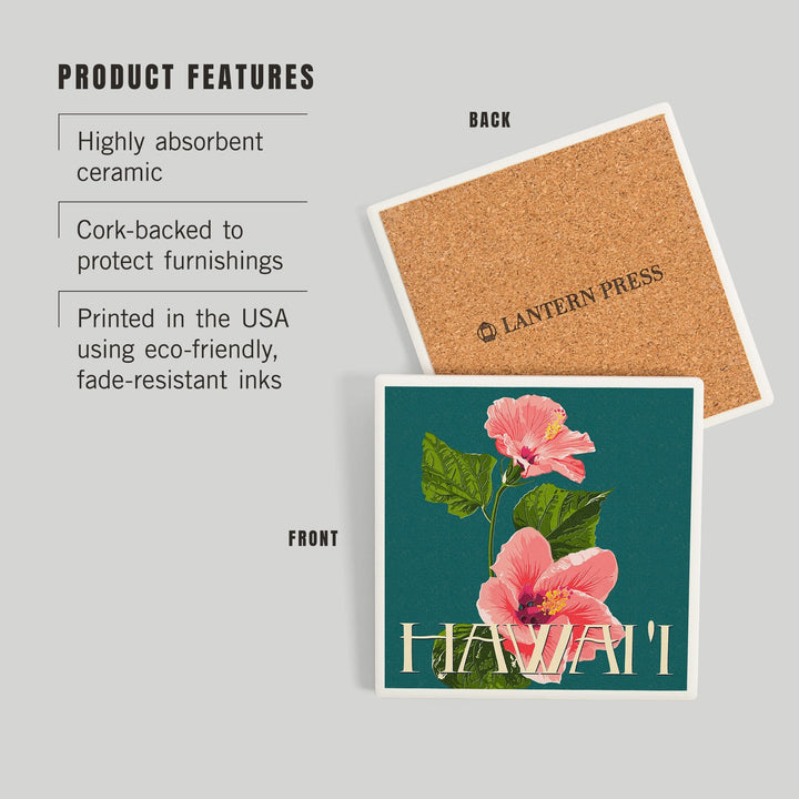 Hawaii, Pink Hibiscus Flower Letterpress, Coasters Coasters Lantern Press