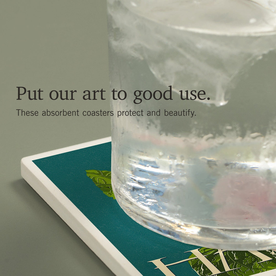 Hawaii, Pink Hibiscus Flower Letterpress, Coasters Coasters Lantern Press