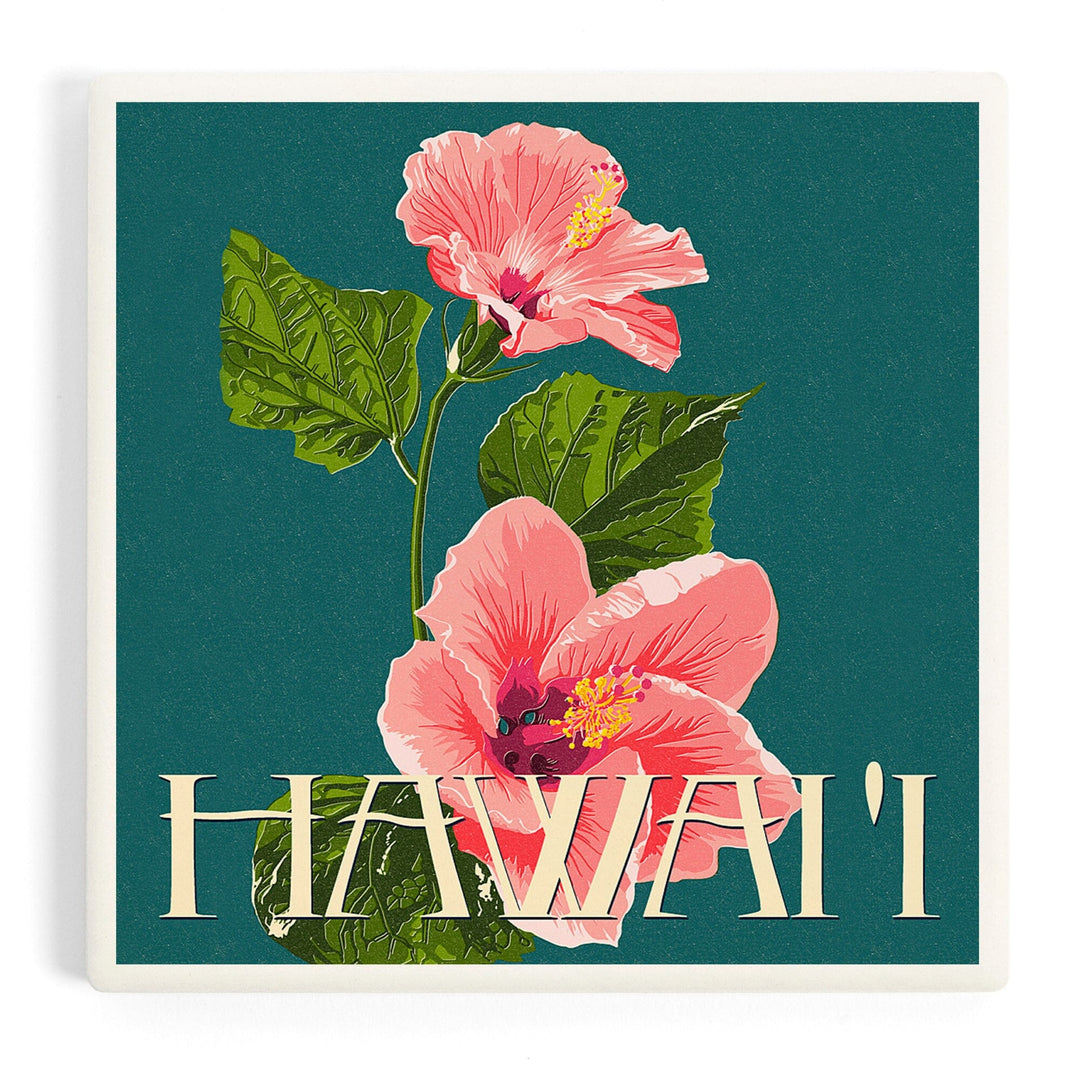 Hawaii, Pink Hibiscus Flower Letterpress, Coasters Coasters Lantern Press