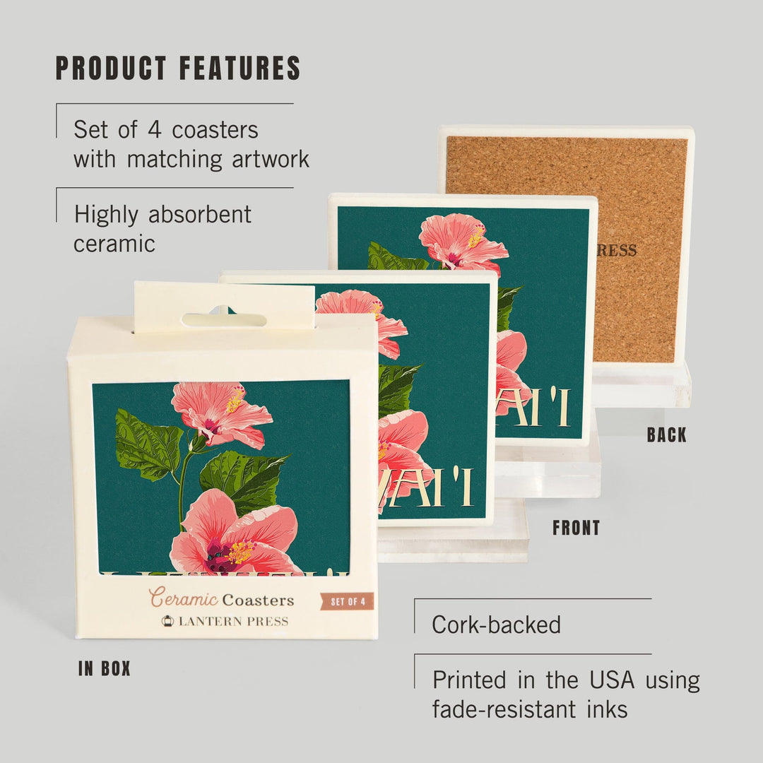 Hawaii, Pink Hibiscus Flower Letterpress, Coasters Coasters Lantern Press