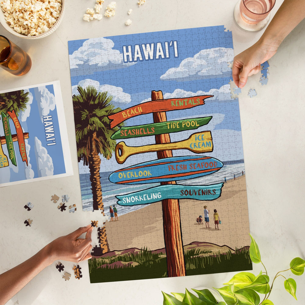 Hawaii, Signpost, Coast Beach with Palms, Jigsaw Puzzle Puzzle Lantern Press